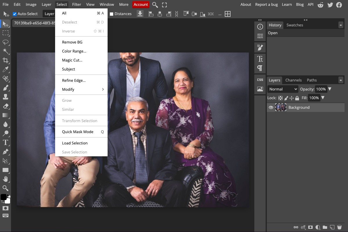 A browser-based photo editor with the Select menu open, showing Remove BG, Magic Cut, and Subject commands