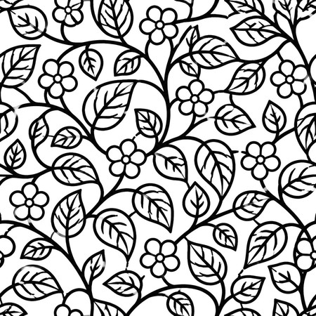 AIが生成した、葉と小さな花を黒の線画で描いたボタニカルタイル