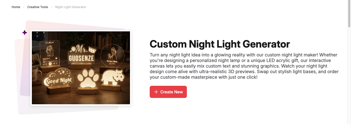 Night Light Generator di Atomm con esempi di lucine notturne personalizzate in acrilico a LED