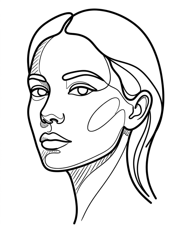 Wygenerowany przez AI portret line-art przedstawiający kobietę w ujęciu trzech czwartych, z ciągłym konturem i lekkim kreskowaniem