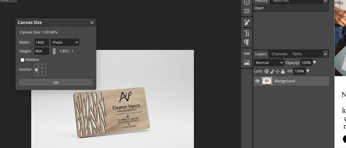 The Canvas Size dialog in Photopea with width set to 1600 pixels and the anchor set to the left edge