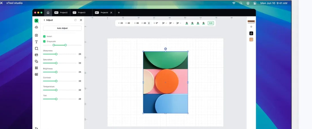 The xTool Studio (XCS) editor with the Adjust panel and design canvas