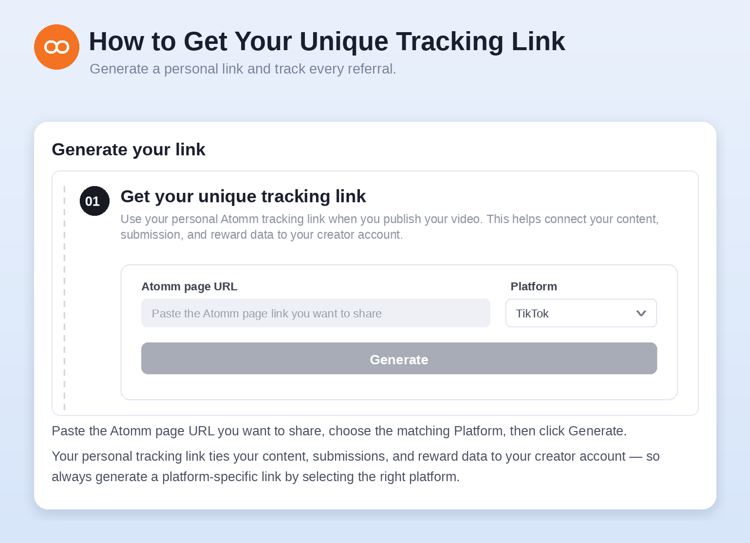 Atomm creator dashboard tracking link