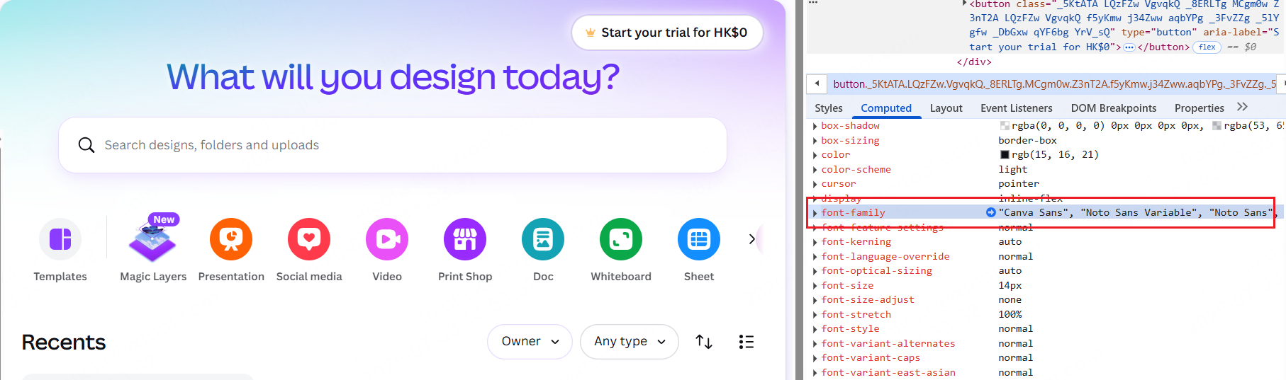 Panneau Computed des DevTools du navigateur révélant la font-family d'une page web