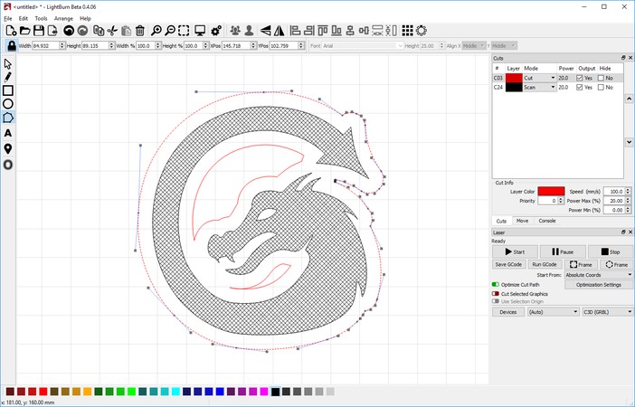 The LightBurn editing interface with a line-art design, layer colours and cut settings