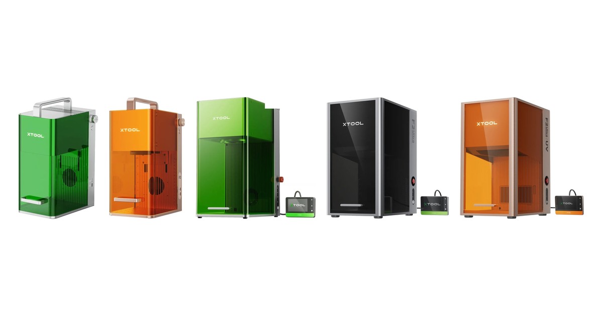 The five xTool F-series laser engravers side by side: F1, F2, F1 Ultra, F2 Ultra and F2 Ultra UV