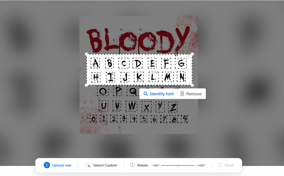 WhatTheFont sélectionnant les glyphes d'une image chargée pour identifier la police