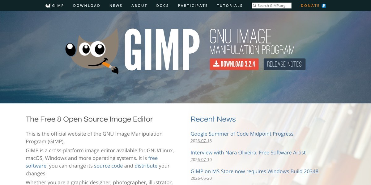 หน้าเว็บไซต์ GIMP