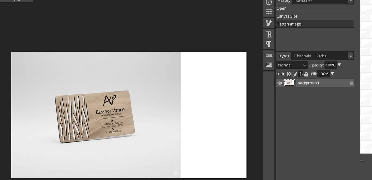 A 1152 by 864 photo expanded to 1600 pixels wide in Photopea with the new area filled white