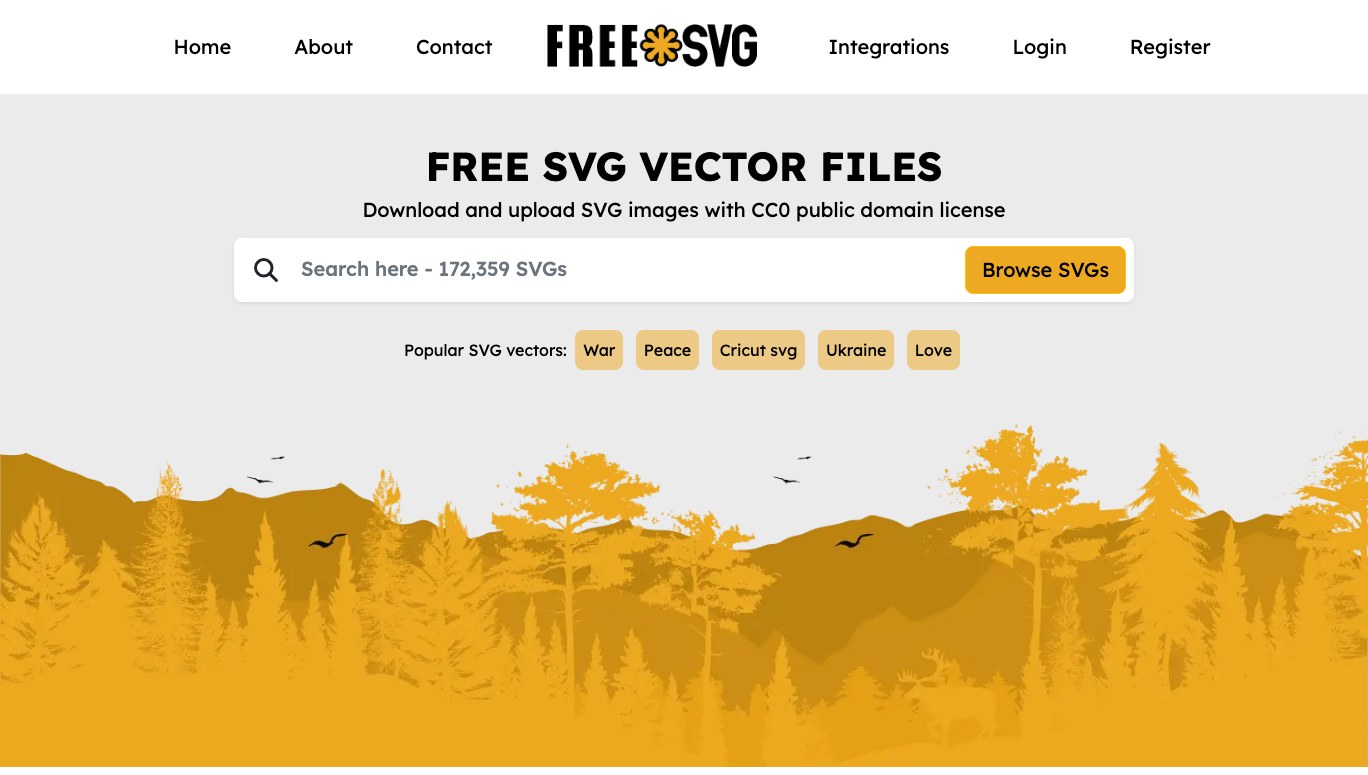 La página de inicio de FreeSVG mostrando su buscador de SVG