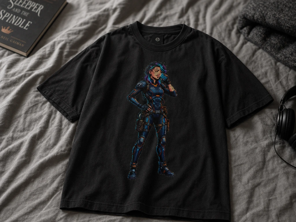 A black t-shirt with a halftone cyberpunk character illustration