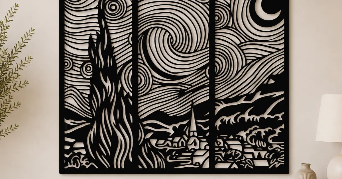 A multi-panel wooden wall piece rendering a swirling landscape entirely in cut lines