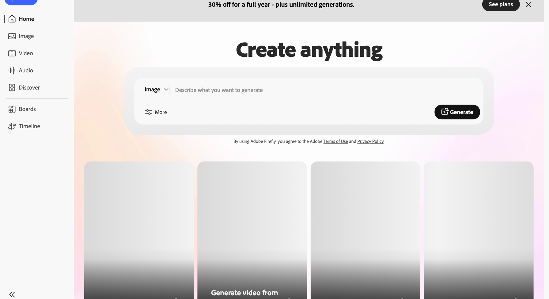 Adobe Firefly generate interface with image prompt and reference options