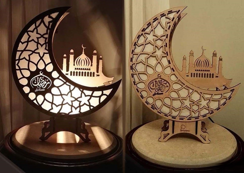 Pair of crescent moon Ramadan lanterns with mosque silhouette and tealight bases outdoor light idea