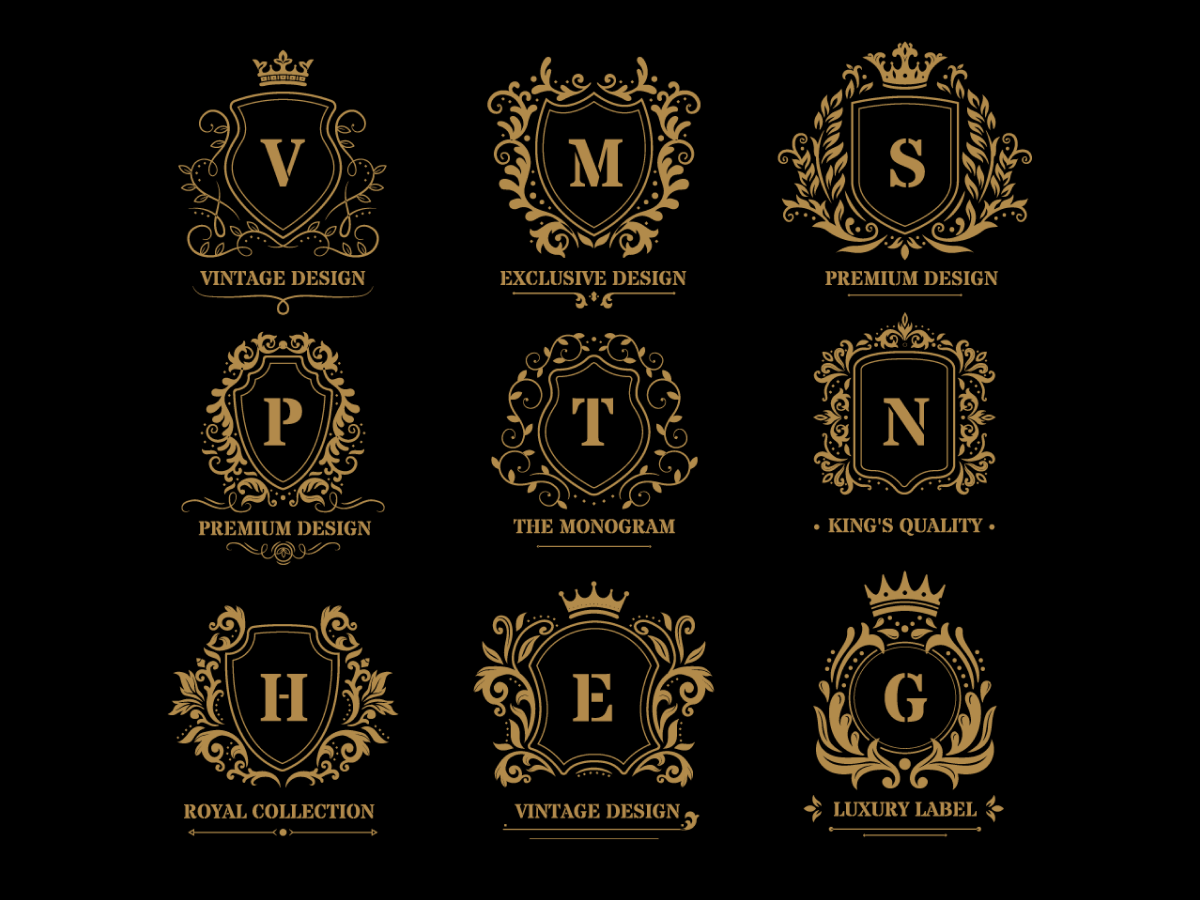 A vintage-styled monogram and label template set with gold accents